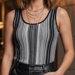 Adrienne Vittadini S Y2K Modern Contemporary Metallic Stripes Semi Sheer Top